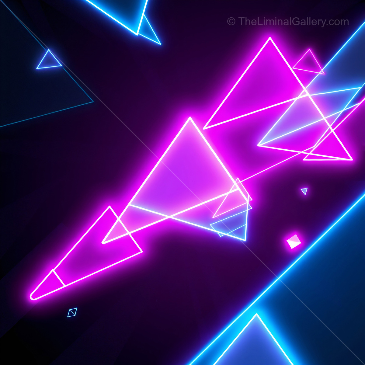 Vibrant synthwave neon geometric shapes dance across a dark canvas in a futuristic display of light