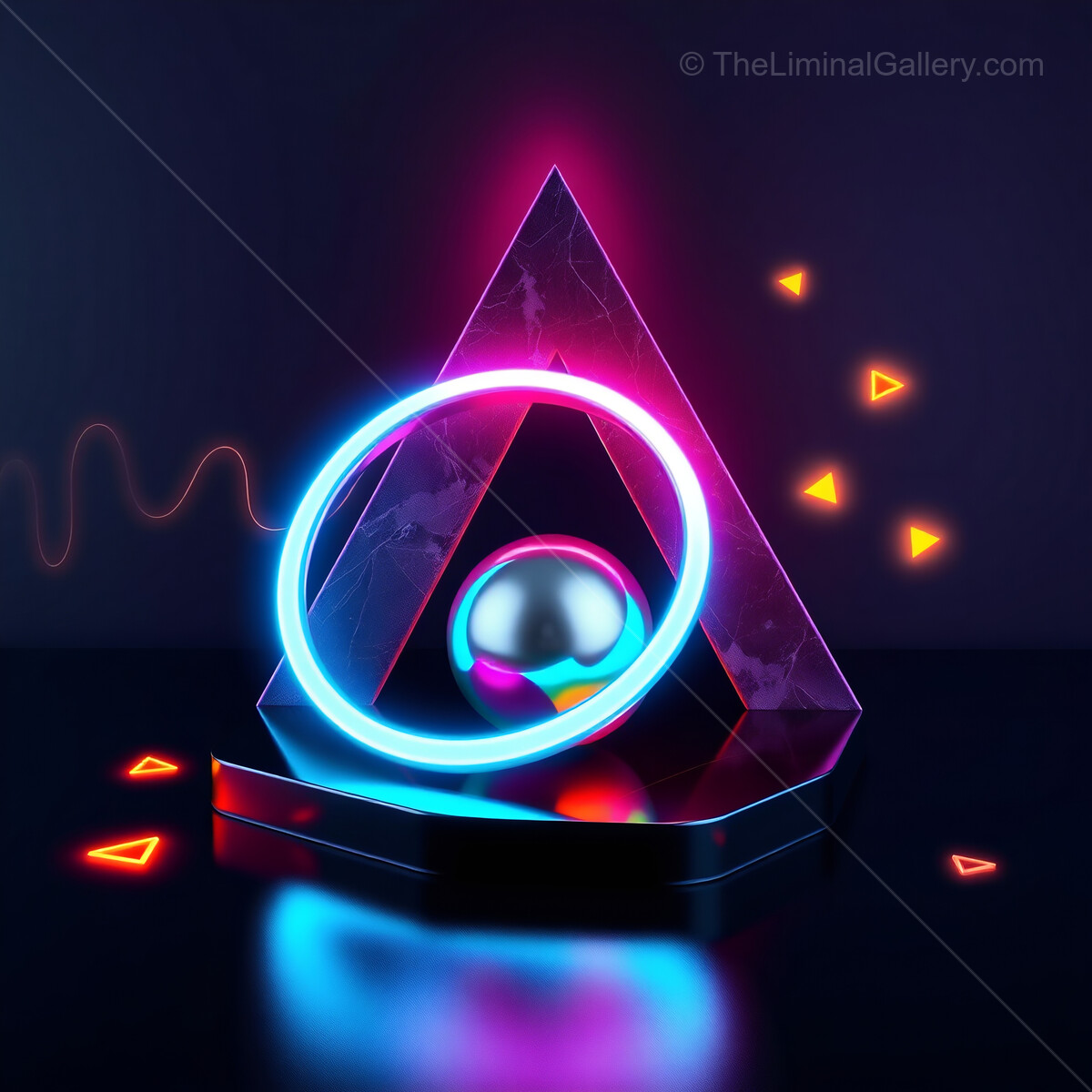Vibrant 80s pinball geometric display with glowing shapes and reflections creates futuristic ambiance in an artistic space