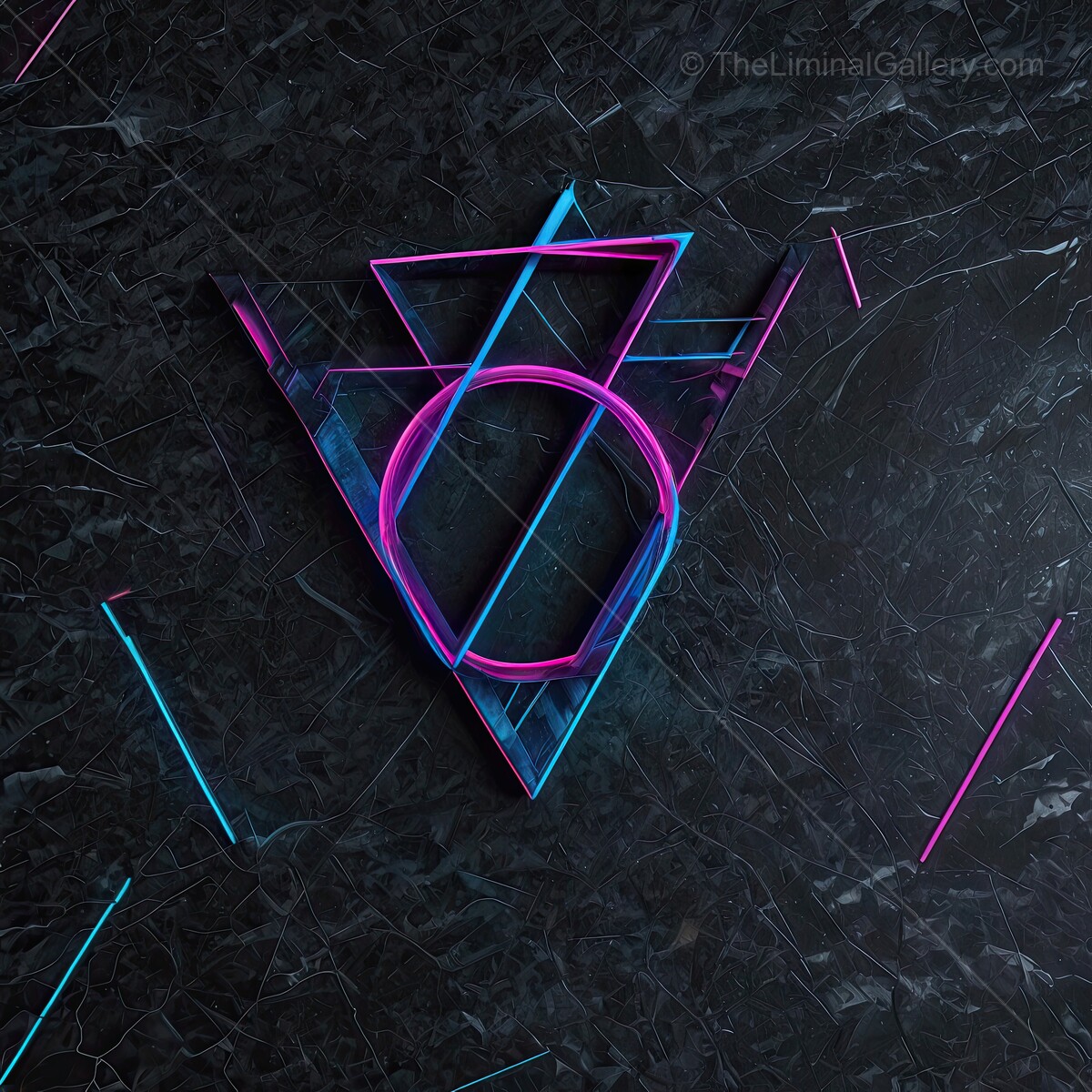 Vibrant 80s geometric patterns illuminate a dark marble backdrop in a surreal artistic composition
