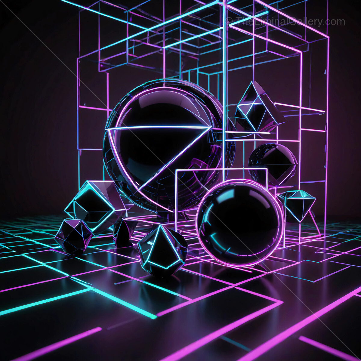 Vibrant geometric shapes illuminate a dark space with neon colors and intricate patterns