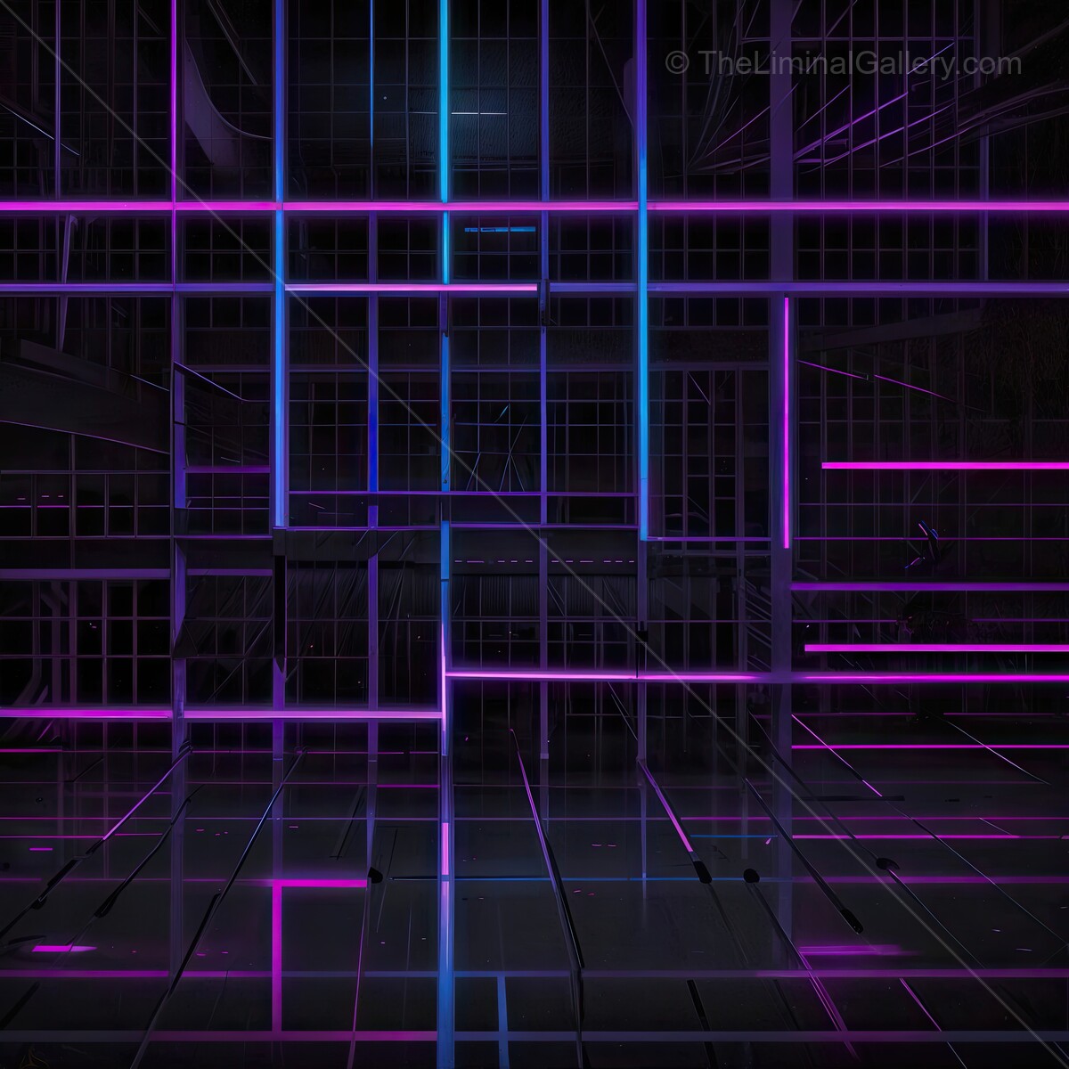 Vibrant 80s neon lines intersect in a futuristic digital landscape bathed in purple and blue hues