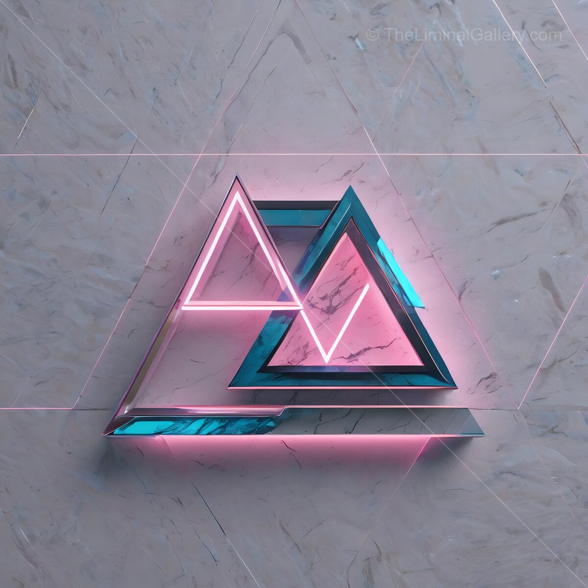 Geometric 80s shapes illuminated with neon colors on a textured marble background