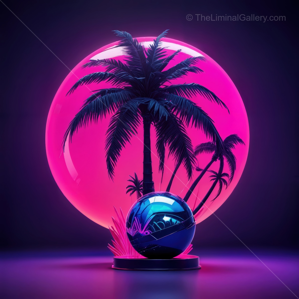 Vibrant neon landscape with palm trees and reflective sphere in an artistic glow