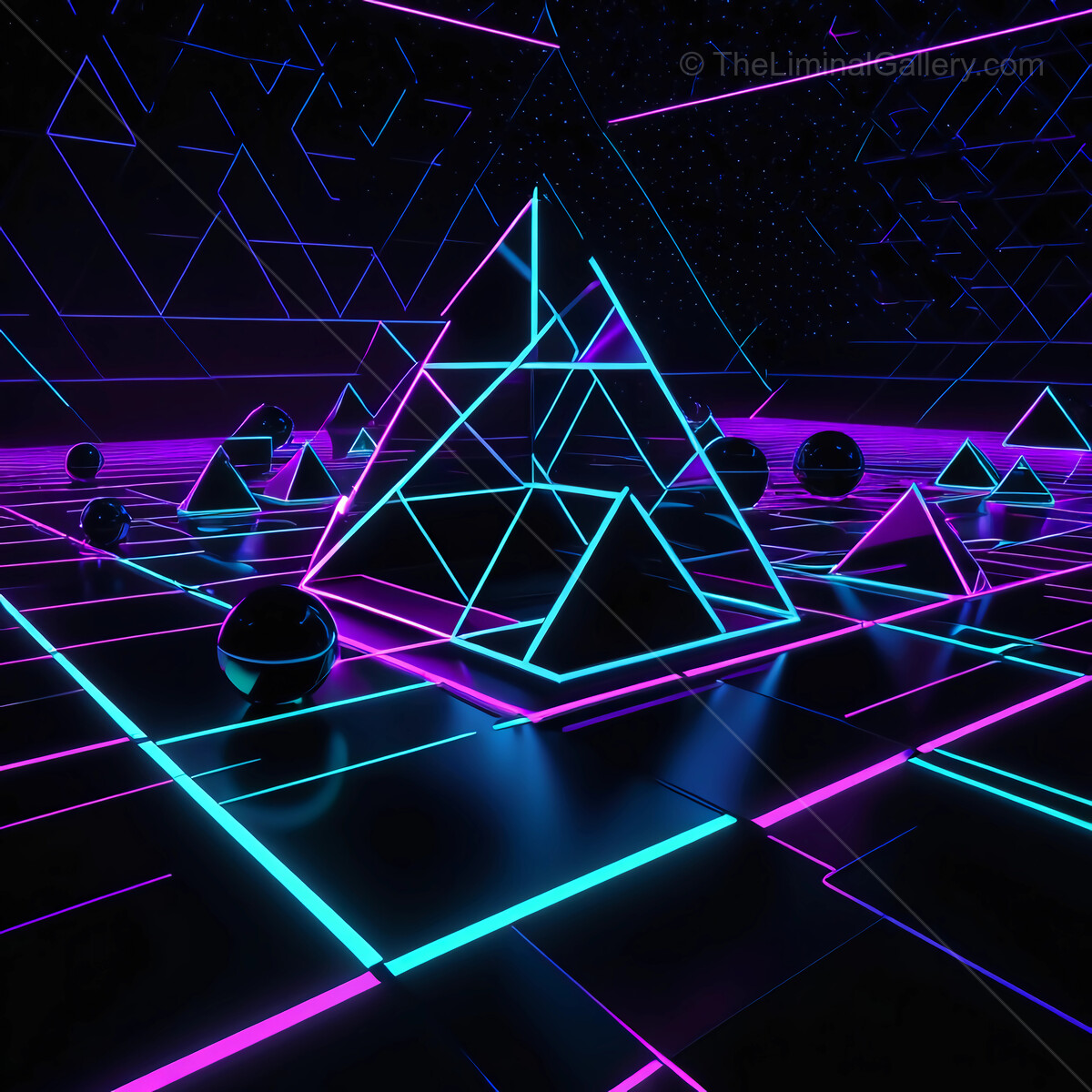 Vibrant neon pyramids and spheres illuminate a futuristic digital landscape filled with geometric patterns