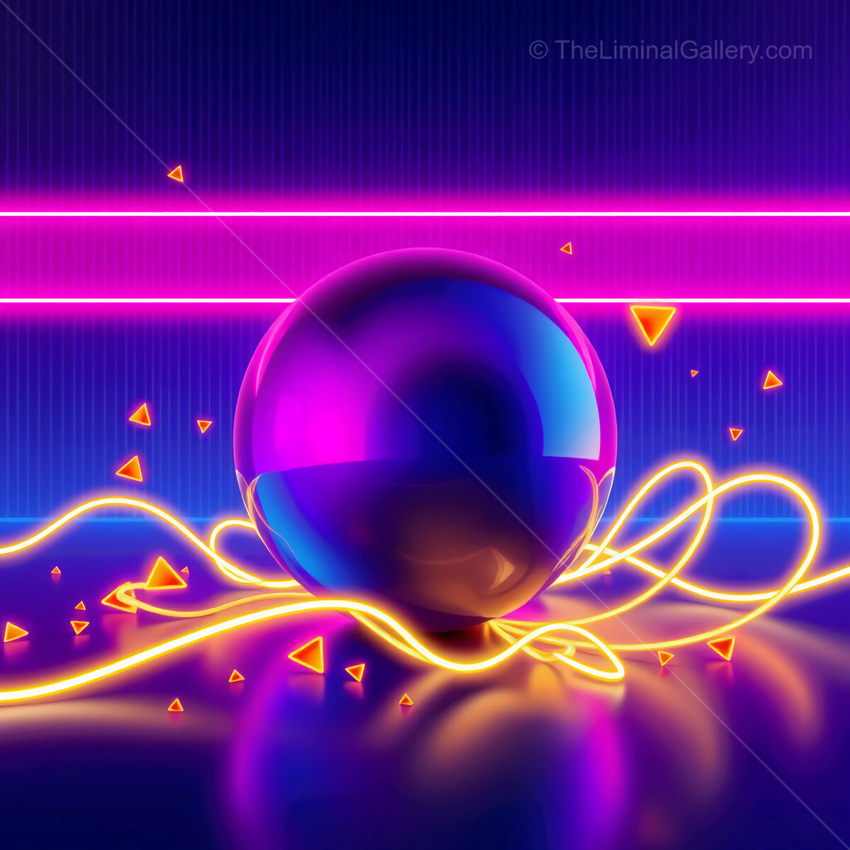 Vivid neon lights illuminate a reflective 80s pinball in a surreal digital landscape at night