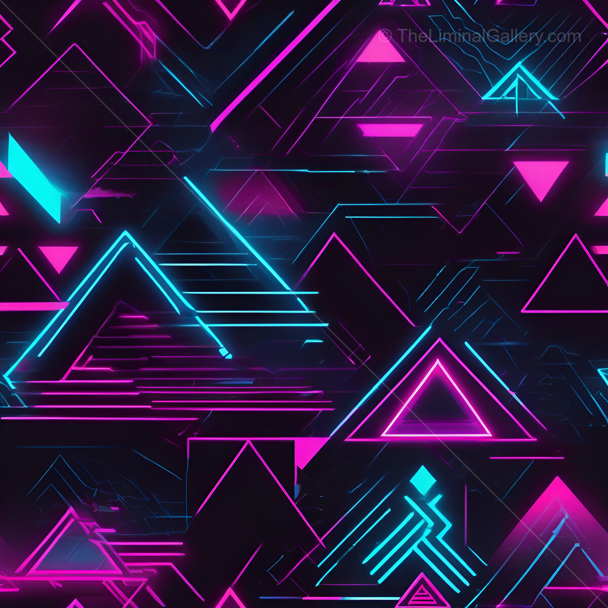 Vibrant neon synthwave geometric patterns illuminate a dark background in an electrifying display of color and design