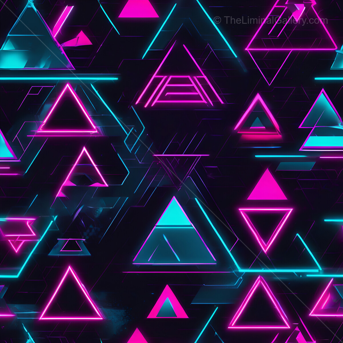 Geometric shapes illuminated in vibrant neon colors create a mesmerizing digital tapestry