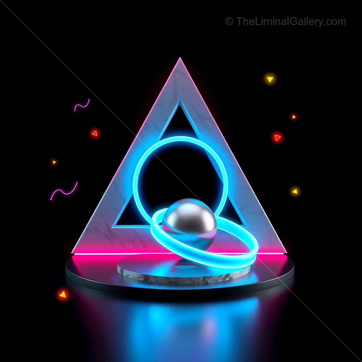 Vibrant 80s geometric design showcasing a glowing triangle, floating ring, and reflective pinball against a dark backdrop