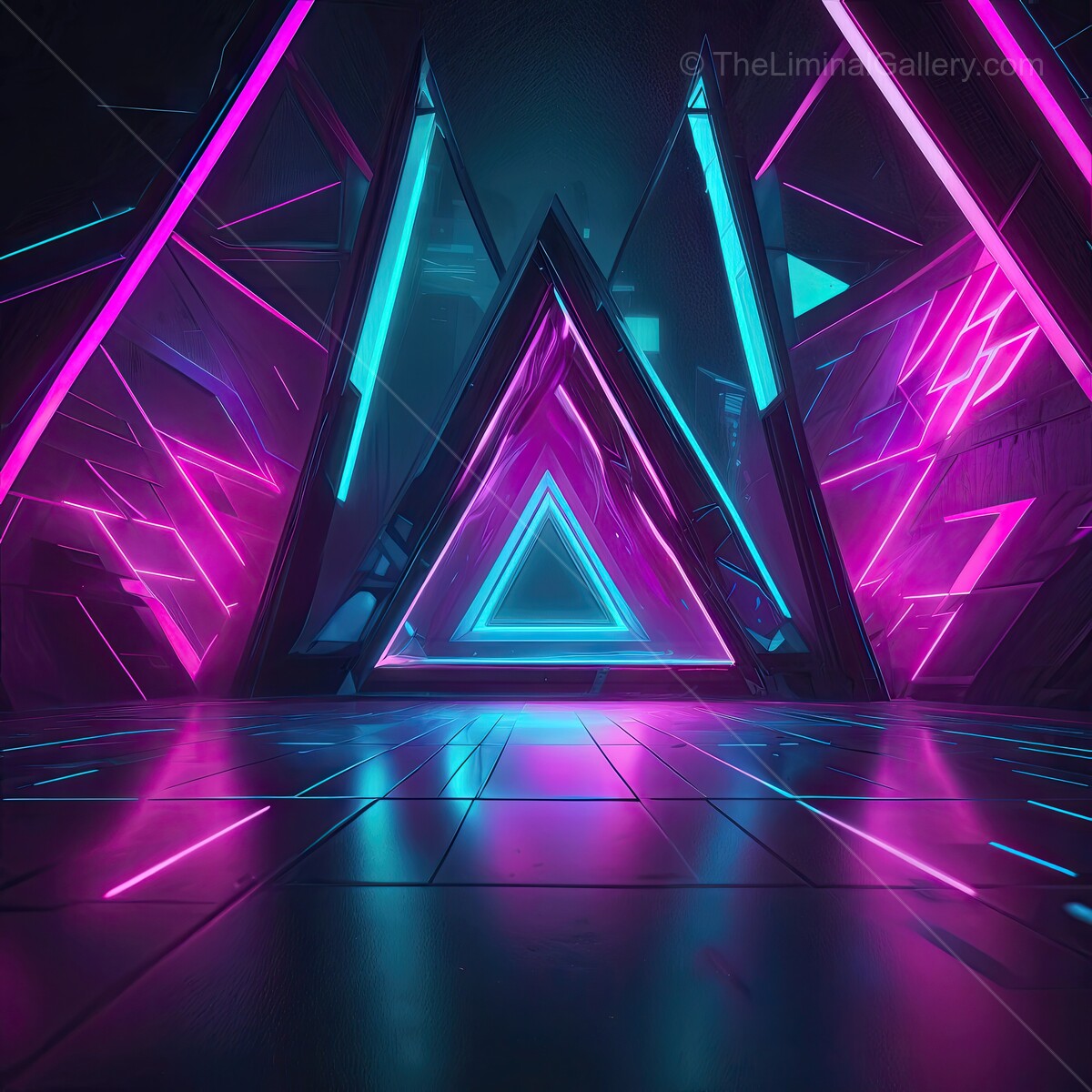 Vibrant vaporwave neon triangles create a mesmerizing atmosphere in an abstract space