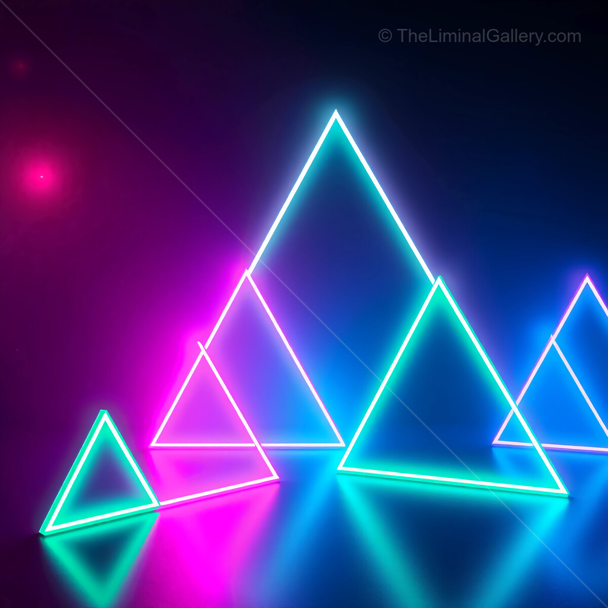 Neon 80s triangles illuminate a futuristic landscape with vibrant colors and geometric shapes