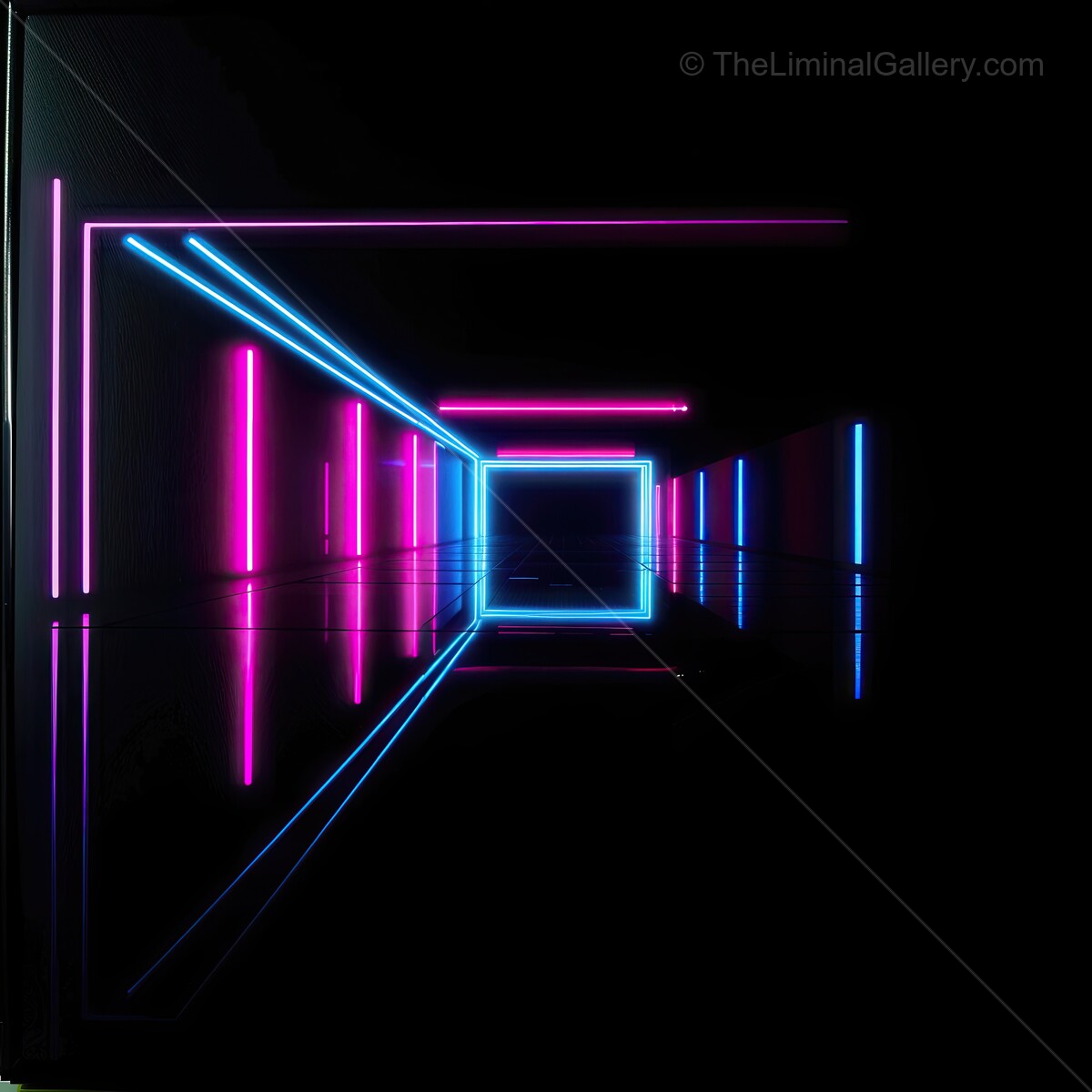 Neon lights create a mesmerizing tunnel of color in a dark, modern environment