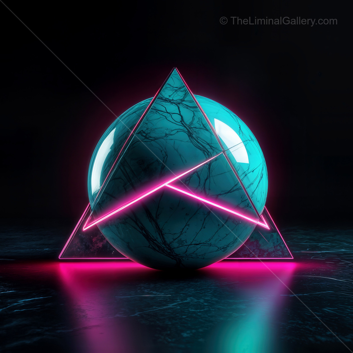 Shimmering teal geometric shapes bathed in neon glow create a captivating visual experience in a darkened setting