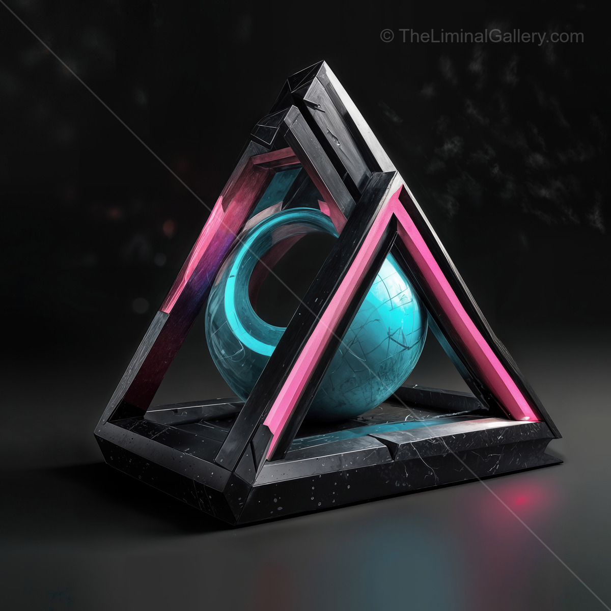 Striking geometric sculpture showcases vibrant contrast and futuristic design in a darkened space