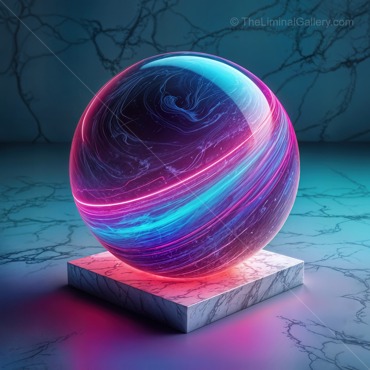 Vibrant cosmic sphere glows with neon colors on a marble pedestal in a serene environment