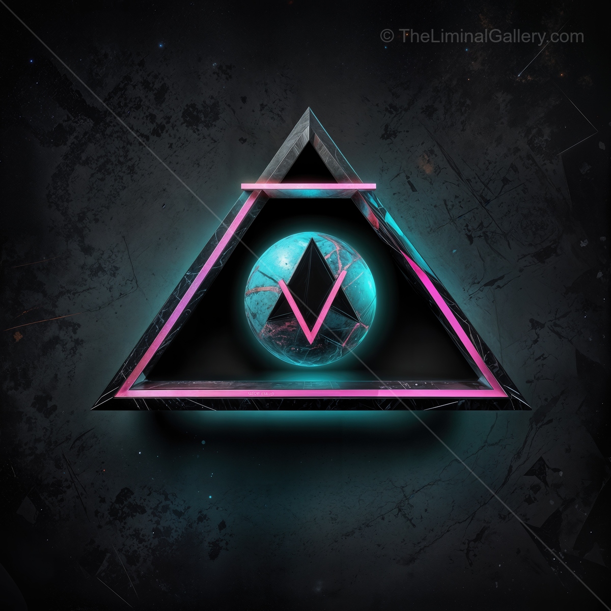 Vibrant geometric design featuring a glowing triangle and sphere on a dark background