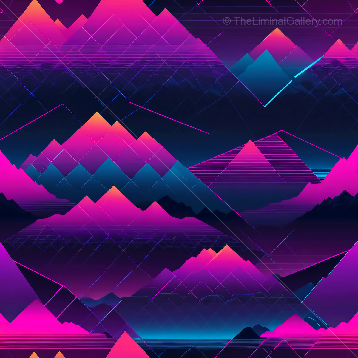 Vibrant geometric mountains illuminated by neon hues evoke a surreal landscape experience