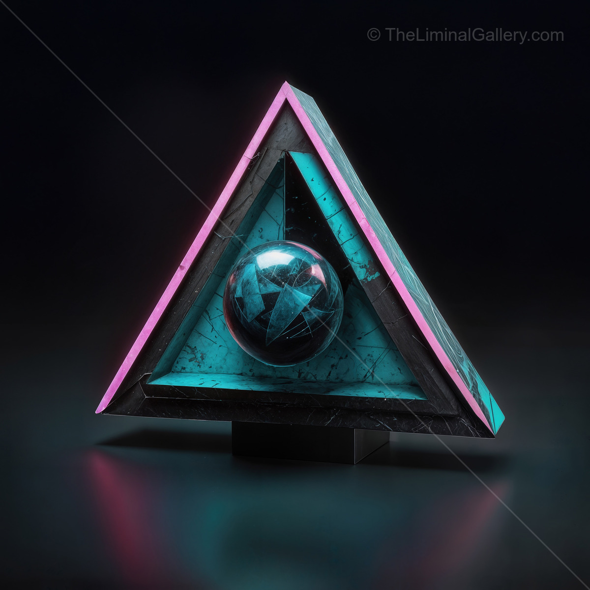 Vibrant geometric sculpture with a glowing sphere in a dark setting showcases modern artistry and design intricacy