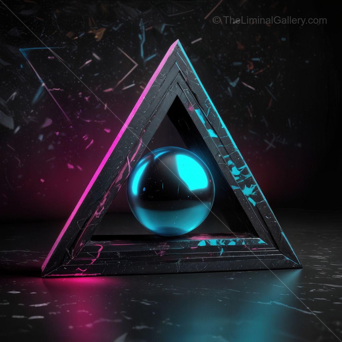 Vibrant geometric shapes with a reflective sphere create a stunning visual spectacle in a dark cosmic setting