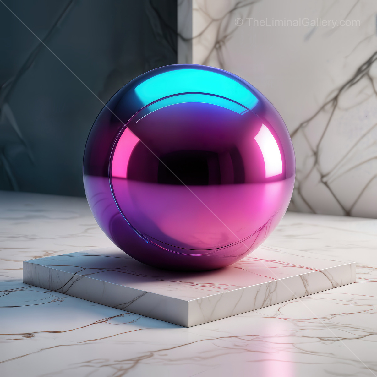 Vibrant metallic sphere reflecting colorful light in a modern marble setting