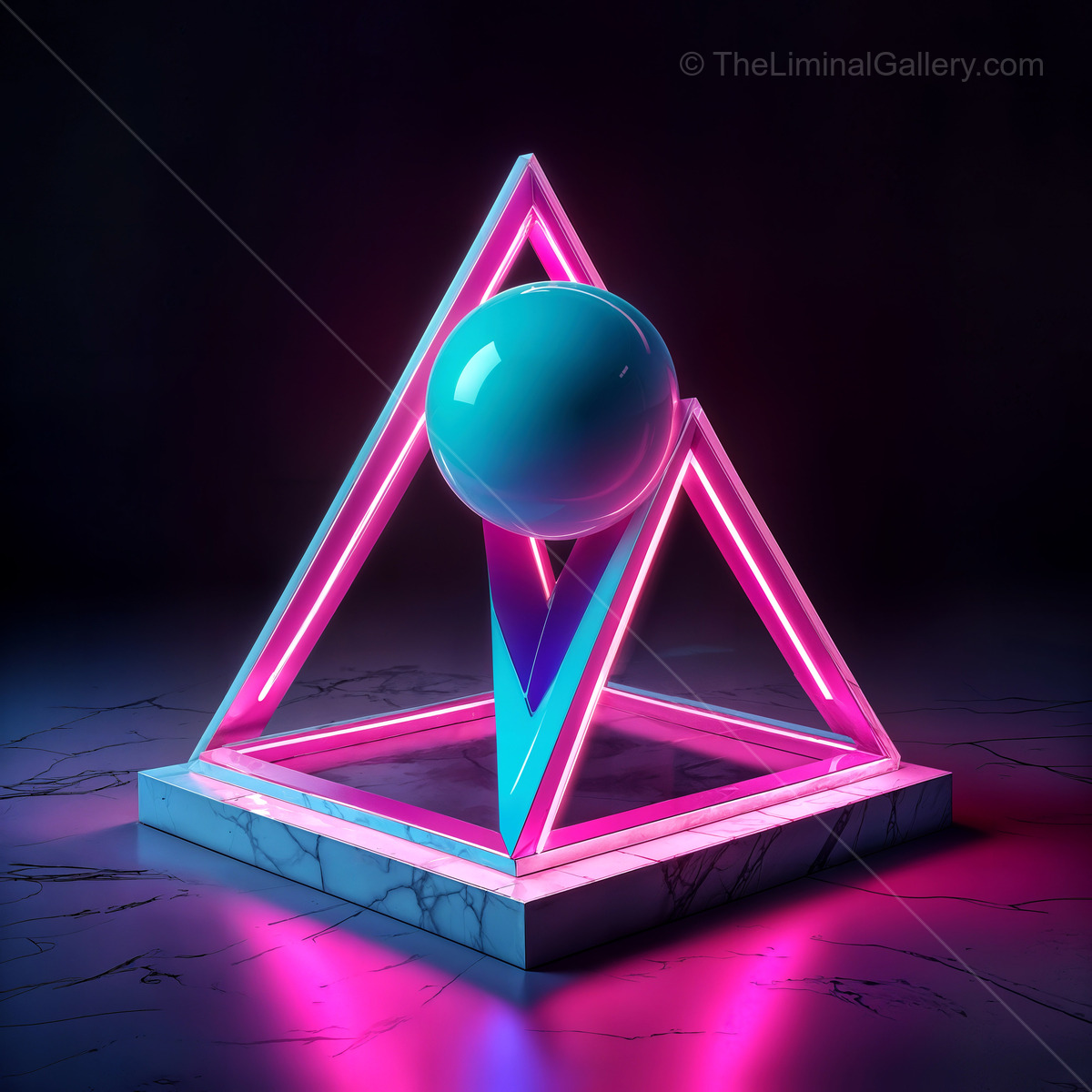 Vibrant neon triangles and a glossy sphere create an enchanting scene in a darkened space, showcasing modern geometric art
