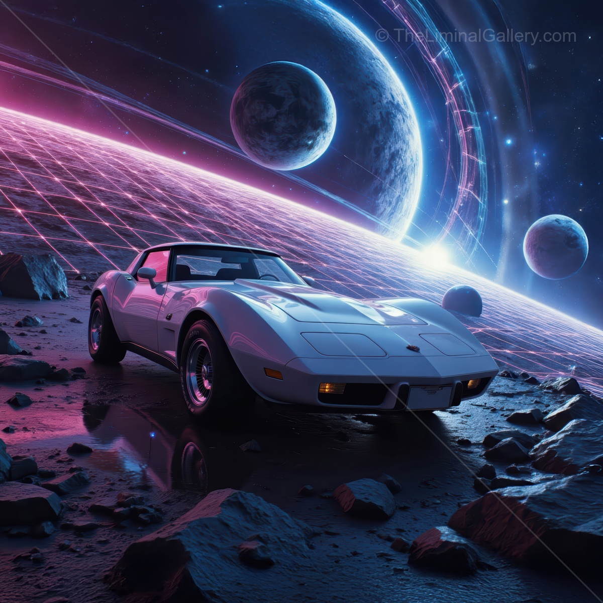 Classic car stands majestically on a cosmic landscape surrounded by vibrant planets and glowing stardust in the quiet of space