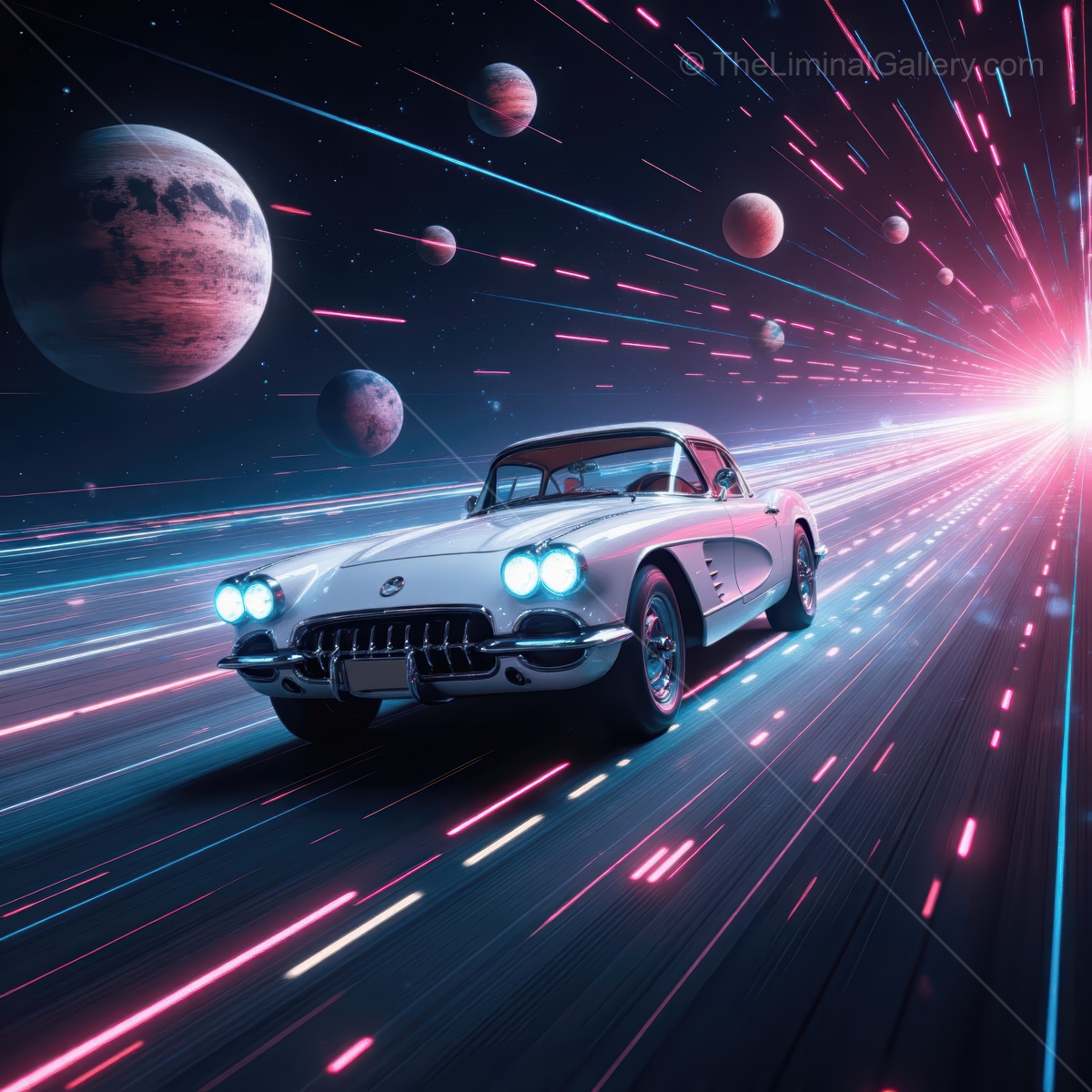 Classic car racing through a cosmic landscape with vibrant light trails and distant planets
