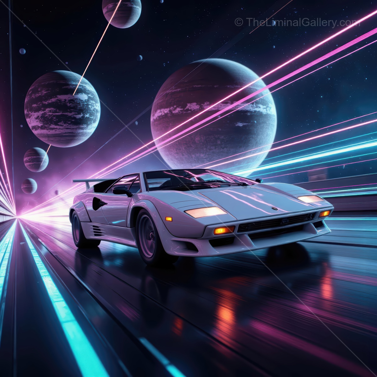 Futuristic racing in a cosmic landscape with neon lights and a classic sports car speeding through space
