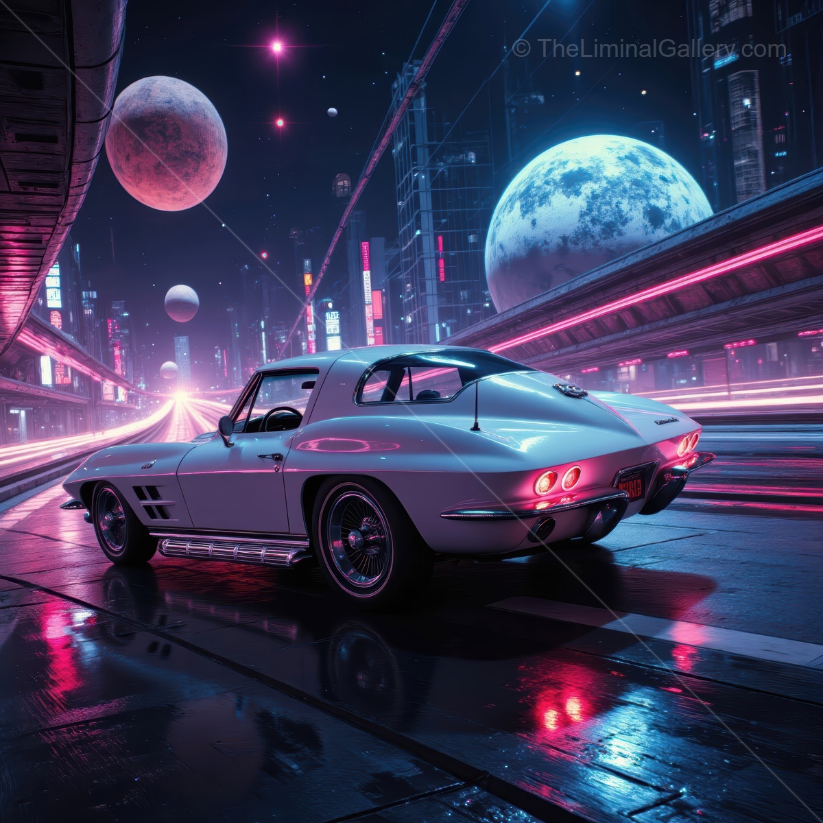 Classic car cruising through a futuristic city under cosmic skies at night