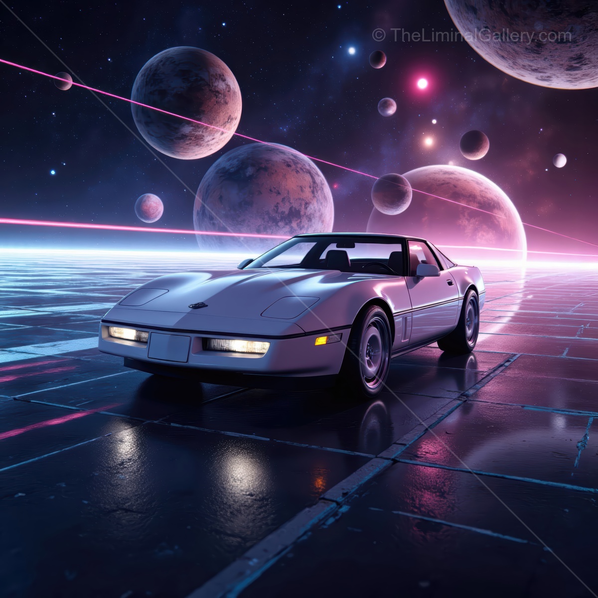 Space voyage in a classic car amidst a cosmic landscape of vibrant planets and glowing stars