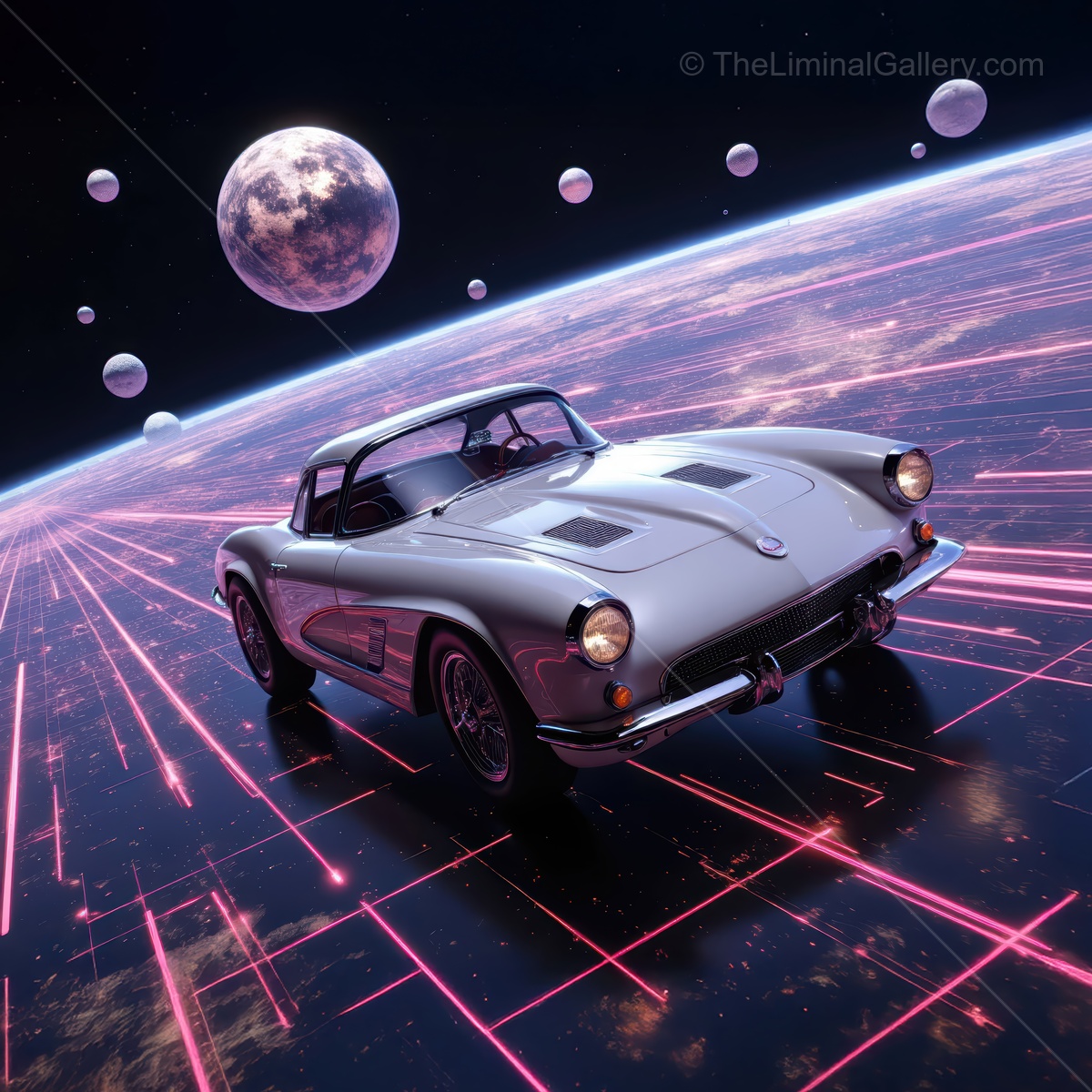 Futuristic car cruising through an otherworldly space landscape with vibrant neon light trails