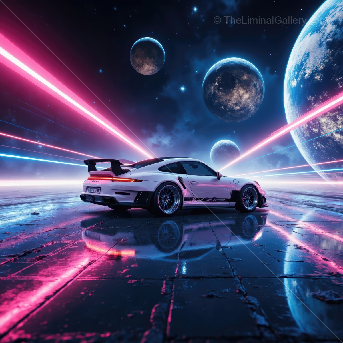 Future racing car on a neon-lit cosmic road surrounded by planets and stars at night