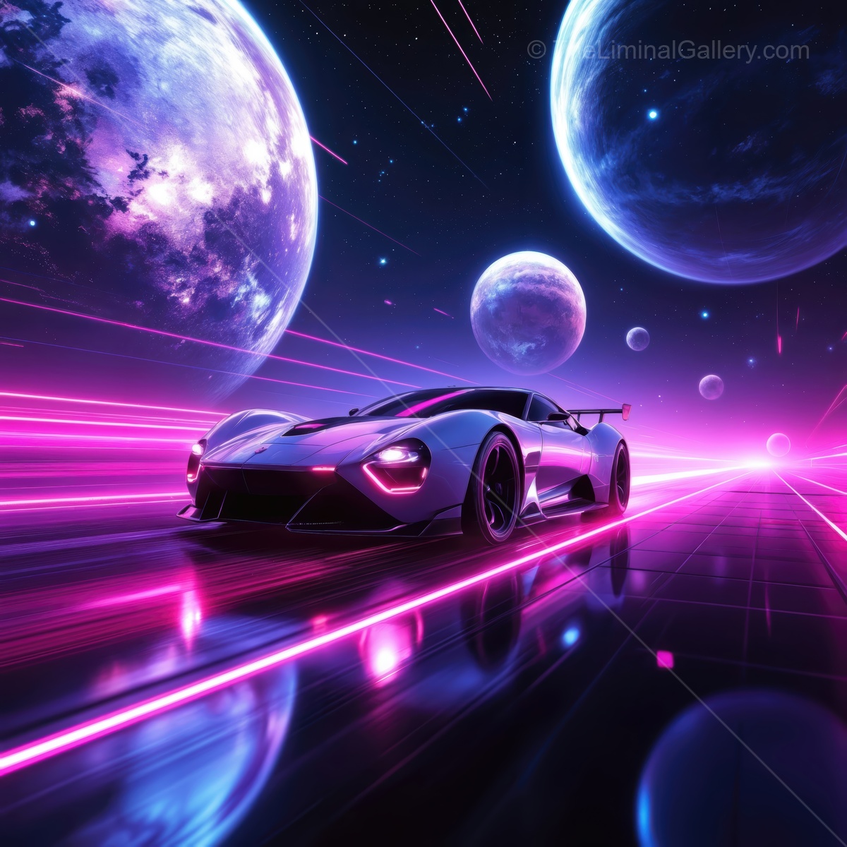 Futuristic car racing through cosmic landscape of vibrant colors and glowing planets