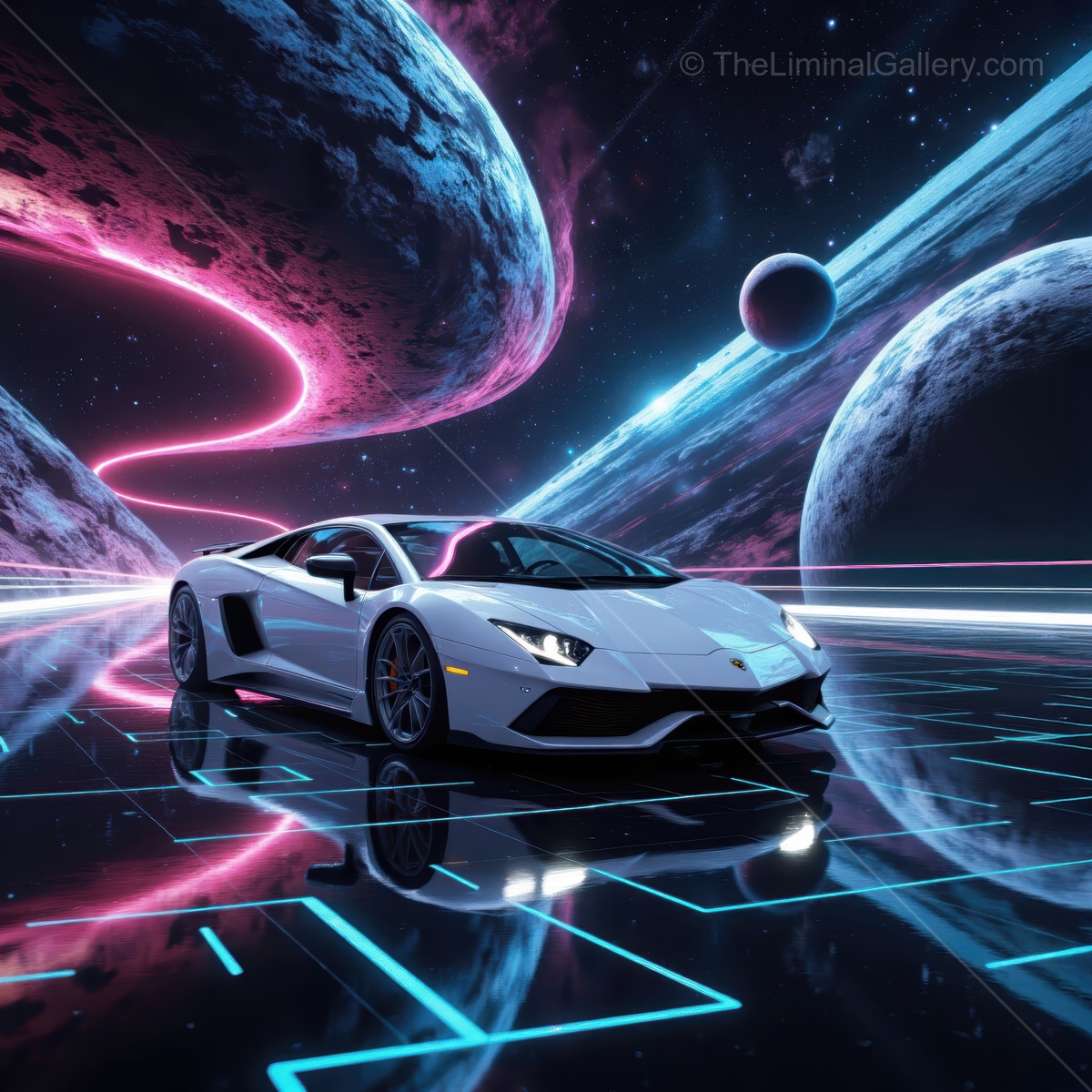 Futuristic car racing across a cosmic landscape with vibrant planets and glowing trails