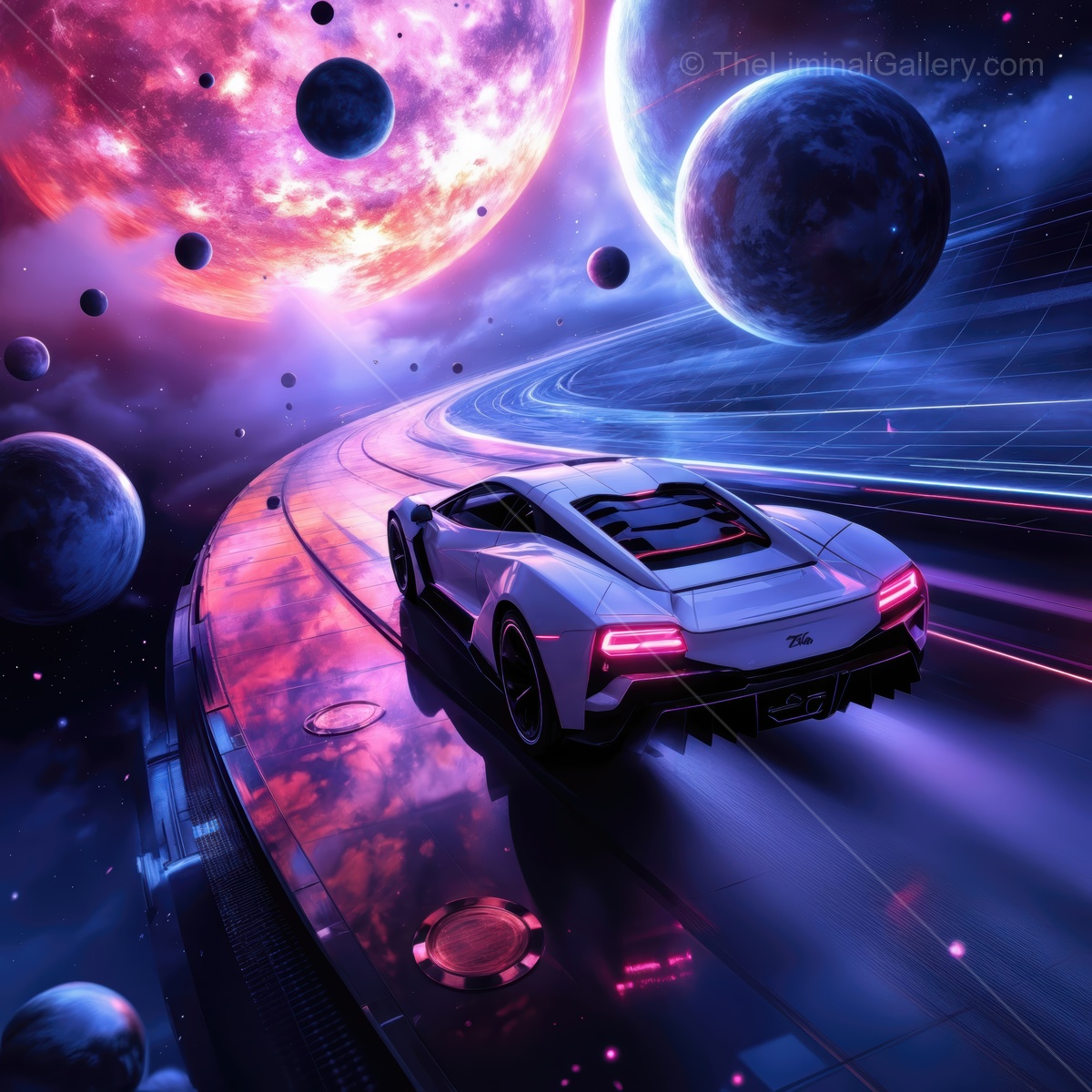 Futuristic car journey through a colorful cosmic landscape with planets and stars