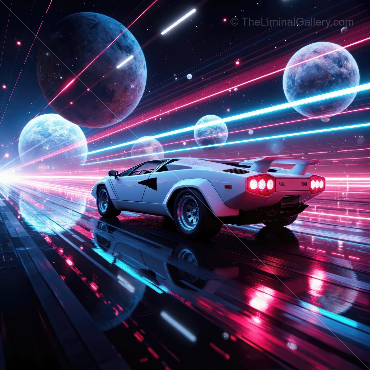 Futuristic car cruising through a vibrant cosmic landscape illuminated by neon lights and celestial bodies