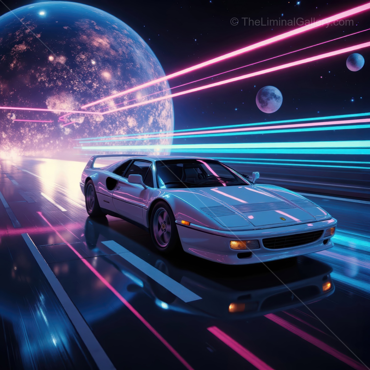 Futuristic car racing through a neon galaxy with vibrant light trails and distant planets at night