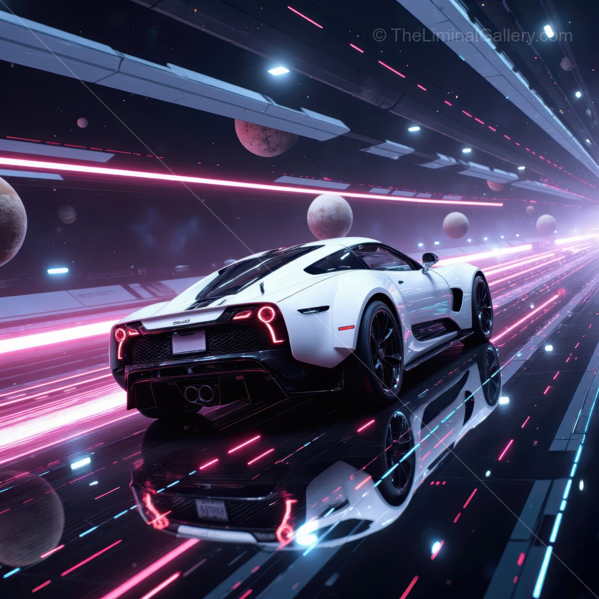 Futuristic car speeding through neon-lit space with distant planets in stunning sci-fi landscape
