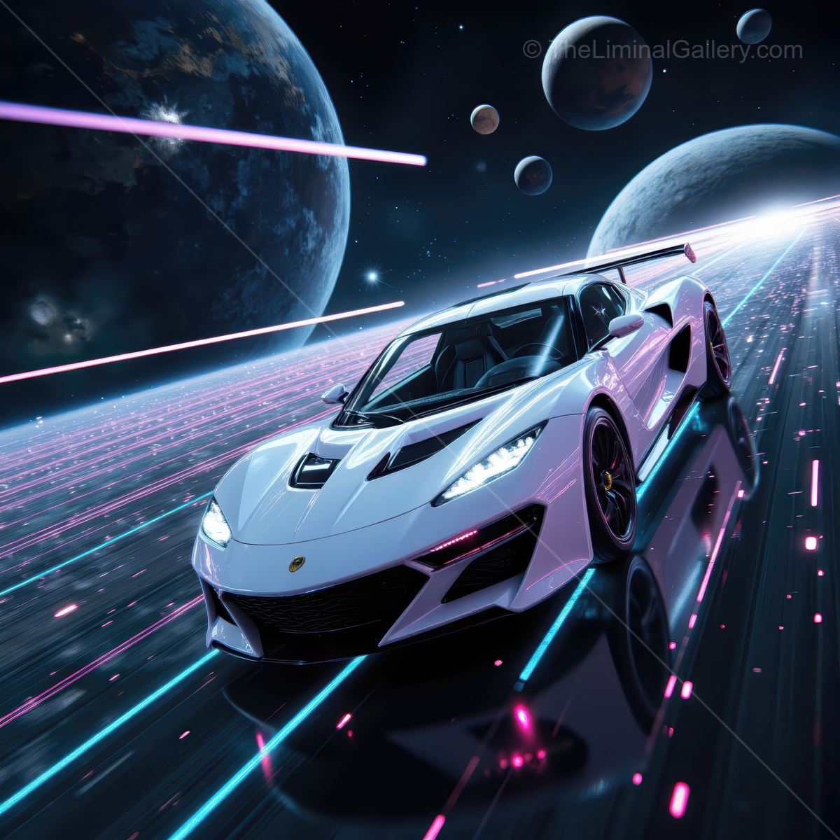 Futuristic car racing through space with vibrant lights and distant planets