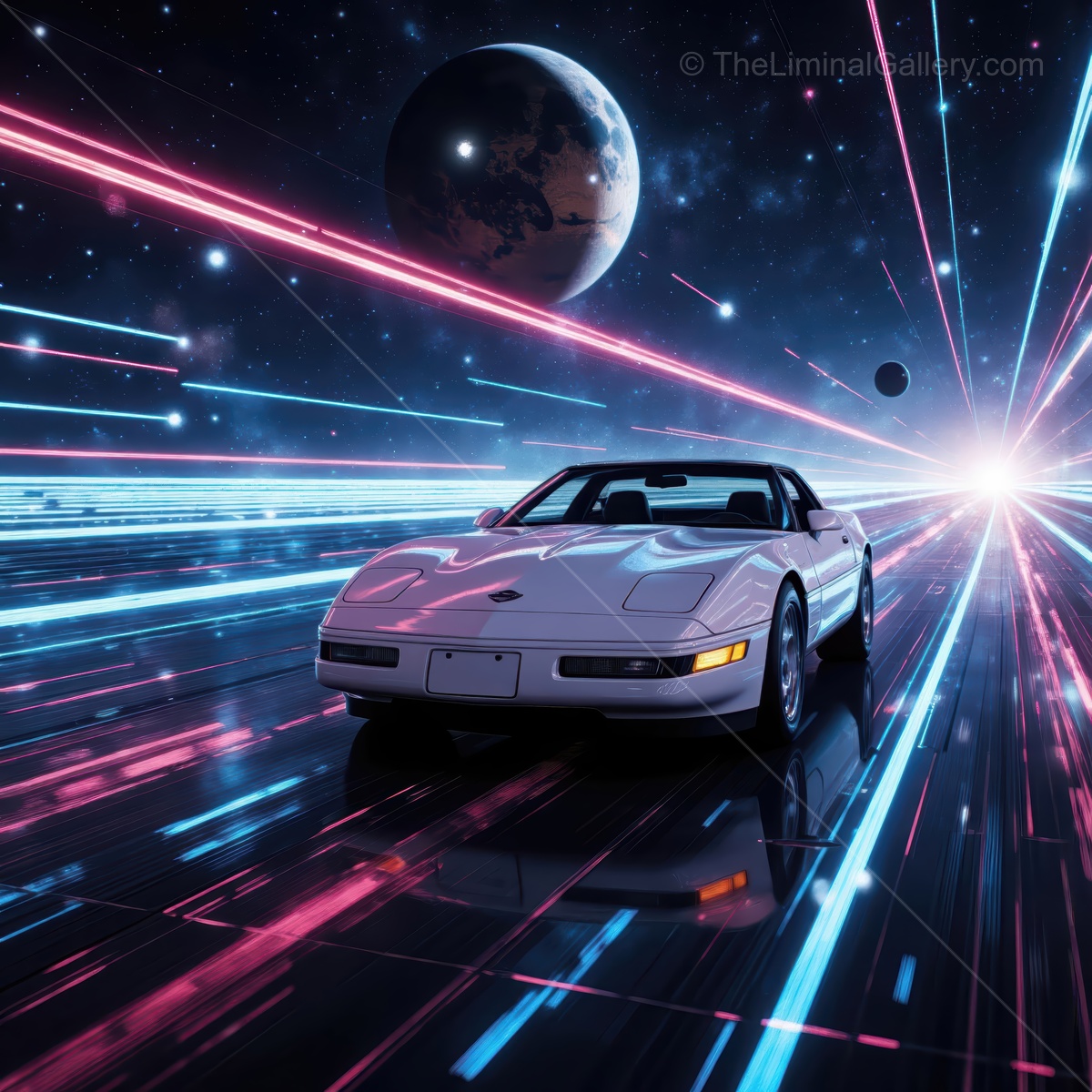Experience the thrill of a futuristic drive through a cosmic landscape filled with glowing lights and vast galaxies