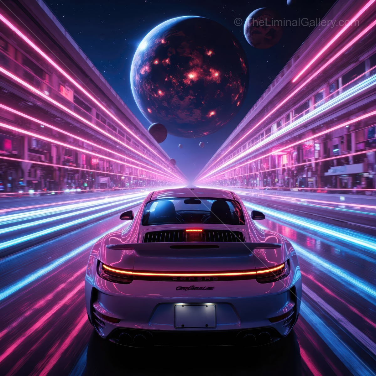 Driving through a futuristic galaxy with vibrant lights and distant planets