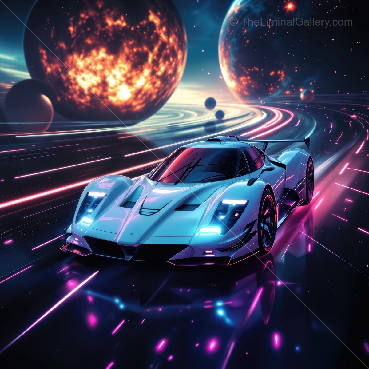 Futuristic racecar speeding through a vibrant cosmic highway at twilight