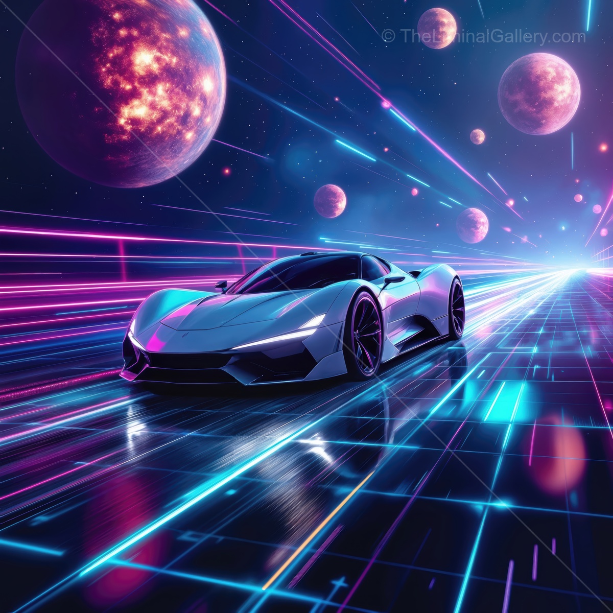 Futuristic sports car racing through a neon galaxy on a digital highway of light