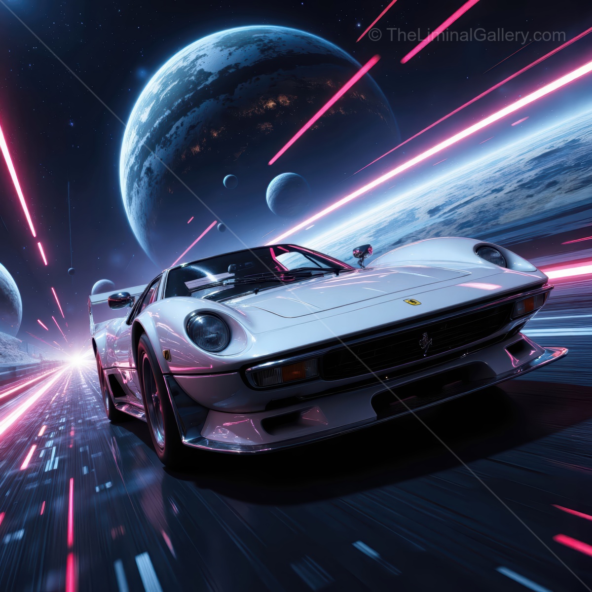 Futuristic racing adventure through galaxy with sleek car and vibrant cosmic backdrop