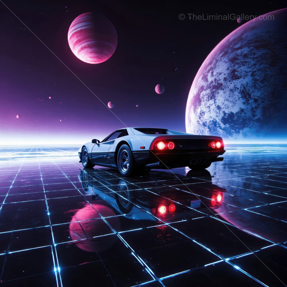 Futuristic landscape with a retro car under a starry cosmic sky at night