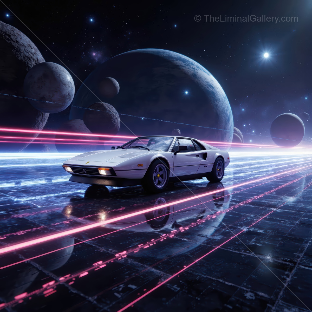 A retro futuristic car speeds through a cosmic landscape adorned with vibrant lights and distant planets