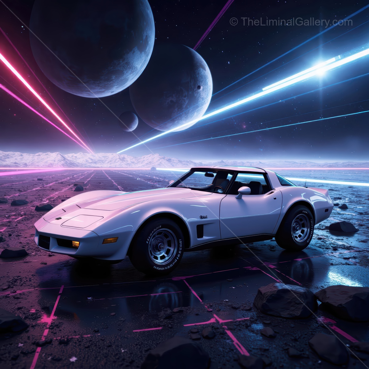 Retro sports car cruising through a colorful cosmic landscape with vibrant laser beams and celestial bodies in the background