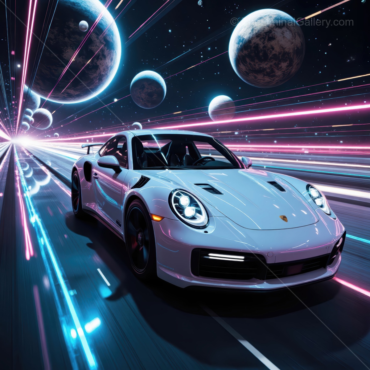 Speeding through a cosmic highway with a sleek sports car under vibrant neon lights