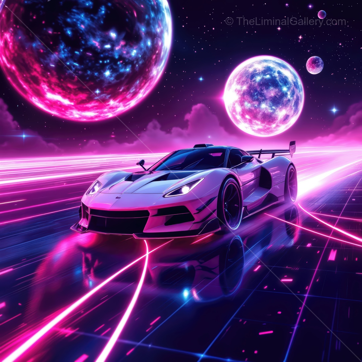 Futuristic sports car racing through a vibrant cosmic landscape under colorful stars