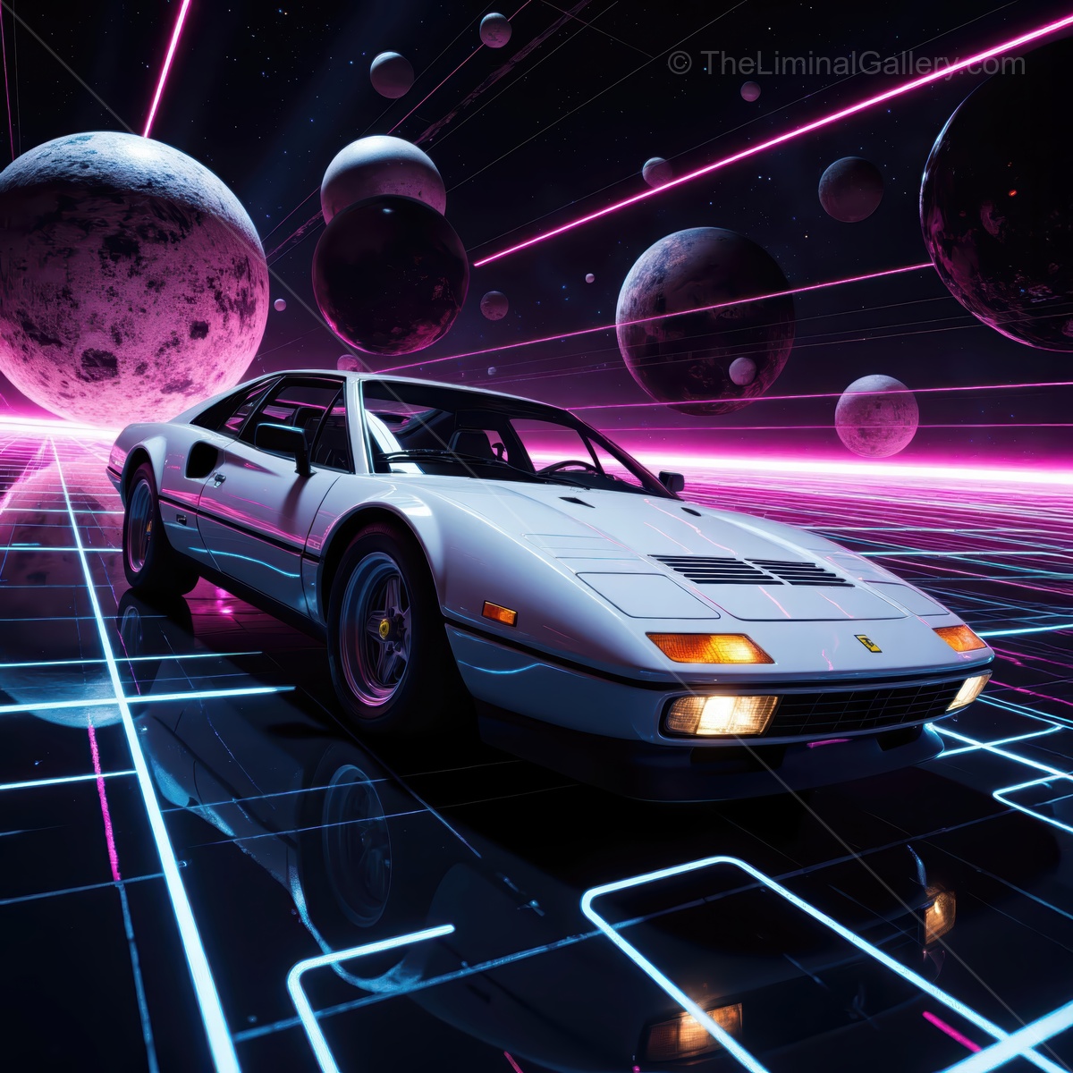 Futuristic car cruising through a cosmic landscape with neon lights and distant planets