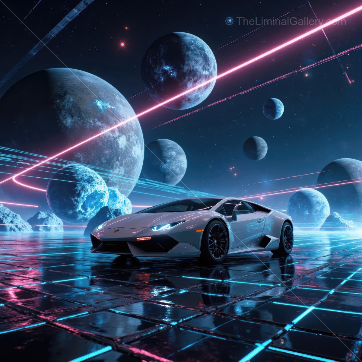 Futuristic sports car cruising through a cosmic landscape under a starlit sky with vibrant neon lights